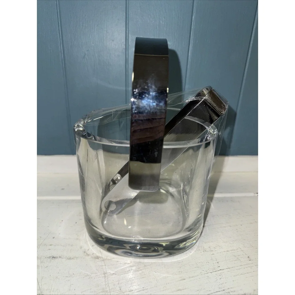 Orrefors Sweden Lead Crystal Ice Bucket Original Sticker Vtg 70s Tongs Drain Set